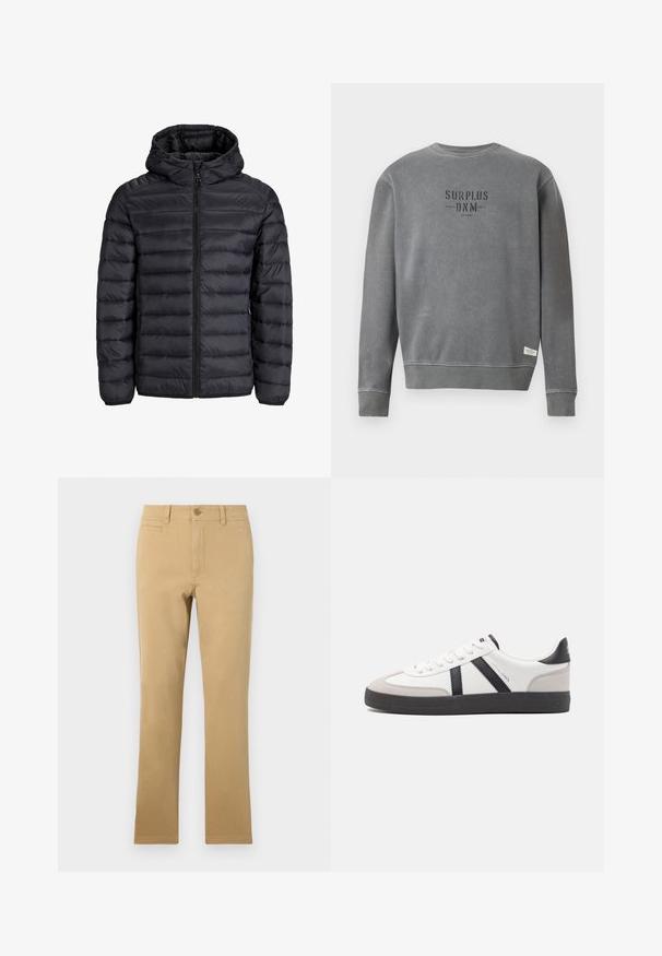 Black puffer jacket with a hood, featuring a quilted design, front zip closure, and elastic cuffs. Made of lightweight, water-resistant material.; Grey long-sleeve crewneck sweatshirt with "SURPLUS DNM" text printed in black on the chest and a small white label near the hem.; Khaki-colored straight-leg pants made of cotton, featuring a button closure, front pockets, and a smooth texture.; White sneaker with black and gray accents, featuring a textured gray toe cap, black rubber sole, and flat white laces. Clean design, minimalist style.