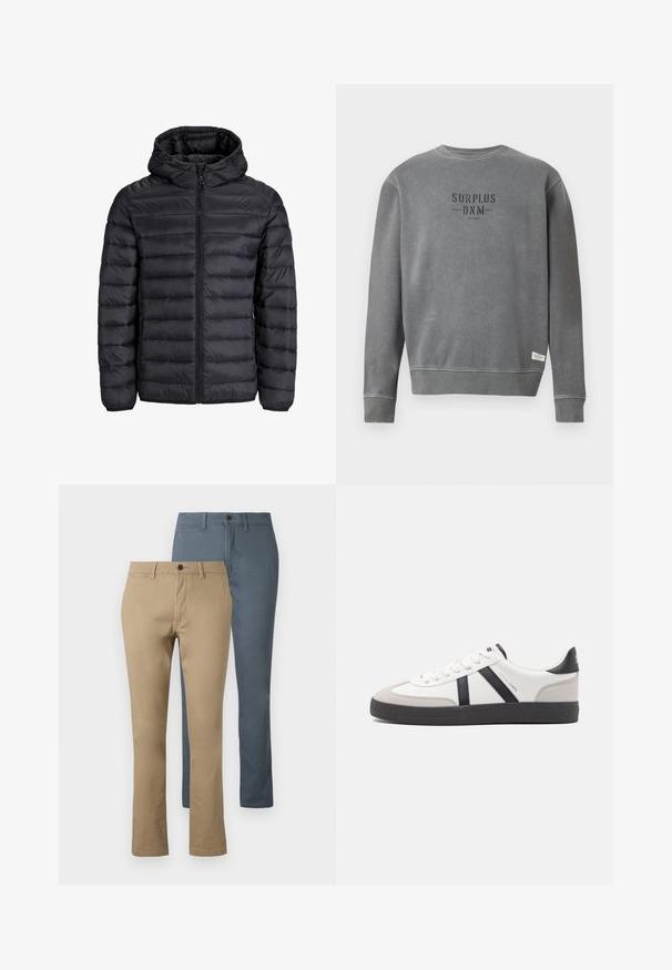 Jachetă puffer neagră cu glugă, cu un design matlasat, închidere cu fermoar în față și manșete elastice. Fabricată dintr-un material ușor și rezistent la apă.; Hanorac gri cu mânecă lungă și guler rotund, cu textul "SURPLUS DNM" imprimat în negru pe piept și o etichetă mică albă aproape de tiv.; Două perechi de pantaloni drepți: una în nuanță khaki și cealaltă în albastru închis. Confeționați din bumbac; caracteristici: talie și închidere cu buton.; Sneaker alb cu accente negre și gri, având un capac de vârf gri texturat, talpă din cauciuc negru și șireturi plate albe. Design elegant, stil minimalist.