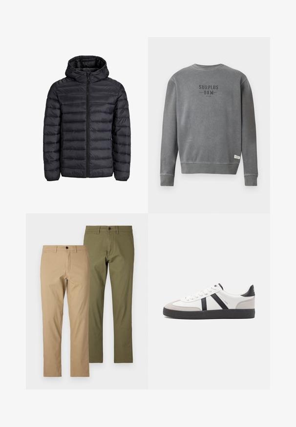 Black puffer jacket with a hood, featuring a quilted design, front zip closure, and elastic cuffs. Made of lightweight, water-resistant material.; Grey long-sleeve crewneck sweatshirt with "SURPLUS DNM" text printed in black on the chest and a small white label near the hem.; Tan and olive green cotton trousers, straight-cut design, with belt loops, zip fly, and button closure, featuring a smooth texture.; White sneaker with black and gray accents, featuring a textured gray toe cap, black rubber sole, and flat white laces. Clean design, minimalist style.