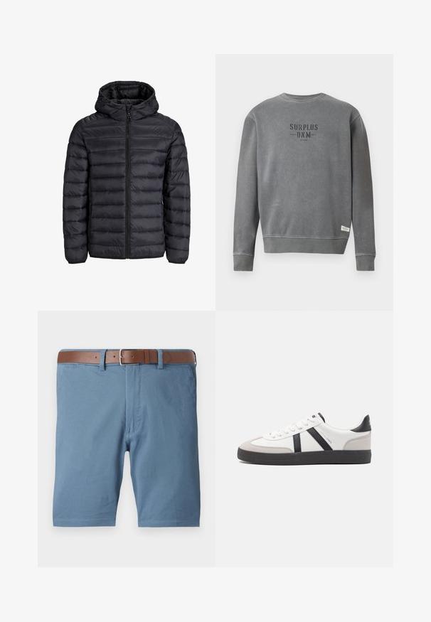 Czarna kurtka puchowa z kapturem, z pikowanym wzorem, z przednim zapięciem na zamek i elastycznymi mankietami. Wykonana z lekkiego, wodoodpornego materiału.; Szary długi rękaw crewneck z nadrukiem "SURPLUS DNM" na czole w kolorze czarnym oraz małą białą metką przy dolnym obszyciu.; Niebieskie bawełniane szorty z brązowym skórzanym paskiem, prosty krój, kieszenie z przodu i eleganckie wykończenie dołów.; Białe sneakersy z czarnymi i szarymi akcentami, z teksturowanym szarym czubkiem, czarną gumową podeszwą i płaskimi białymi sznurowadłami. Czysty design, minimalistyczny styl.