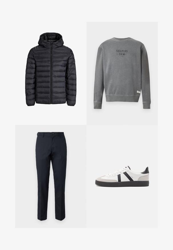 Black puffer jacket with a hood, featuring a quilted design, front zip closure, and elastic cuffs. Made of lightweight, water-resistant material.; Grey long-sleeve crewneck sweatshirt with "SURPLUS DNM" text printed in black on the chest and a small white label near the hem.; Navy blue trousers made of cotton with a straight leg design, front pockets, and a button closure. Smooth texture, no visible patterns.; White sneaker with black and gray accents, featuring a textured gray toe cap, black rubber sole, and flat white laces. Clean design, minimalist style.