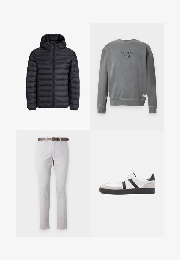 Chaqueta acolchada negra con capucha, presenta un diseño acolchado, cierre frontal con cremallera y puños elásticos. Fabricada con material ligero y resistente al agua.; Sudadera gris de manga larga con cuello redondo, con el texto "SURPLUS DNM" impreso en negro en el pecho y una pequeña etiqueta blanca cerca del dobladillo.; Pantalones de algodón de color gris claro con corte ajustado. Presentan un cinturón de cuero marrón y detalles de costura mínimos en los laterales.; Zapatilla blanca con acentos en negro y gris, que presenta una puntera texturizada en gris, suela de goma negra y cordones planos blancos. Diseño limpio, estilo minimalista.