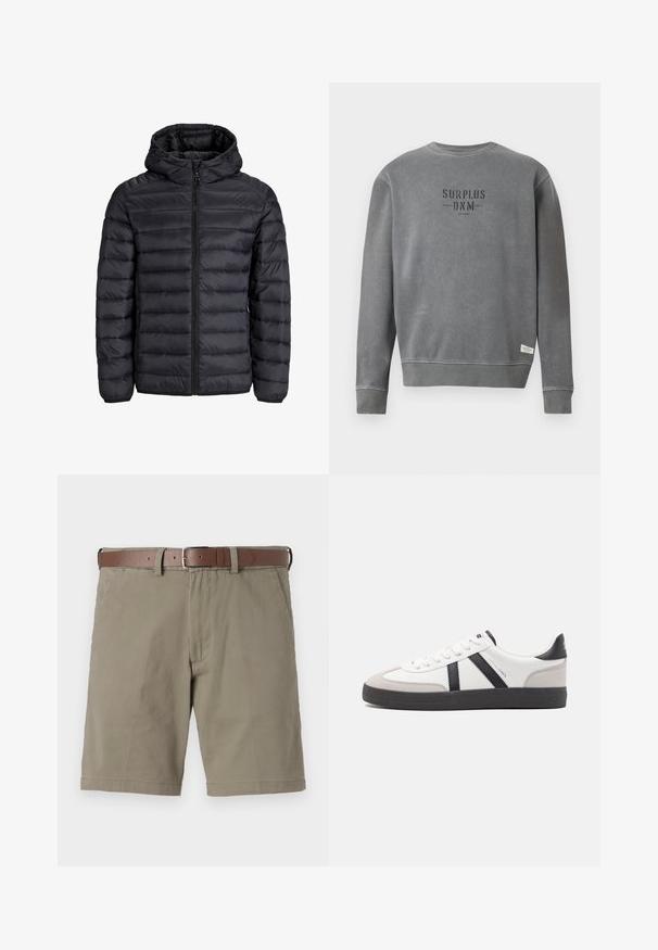 Black puffer jacket with a hood, featuring a quilted design, front zip closure, and elastic cuffs. Made of lightweight, water-resistant material.; Grey long-sleeve crewneck sweatshirt with "SURPLUS DNM" text printed in black on the chest and a small white label near the hem.; Beige shorts with a relaxed fit, made from cotton fabric. Features a brown leather belt, front pockets, and a clean hem finish.; White sneaker with black and gray accents, featuring a textured gray toe cap, black rubber sole, and flat white laces. Clean design, minimalist style.