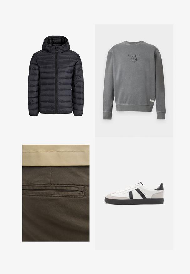 Sort popperjakke med hætte, der har en kviltet design, lynlås foran og elastiske manchetter. Lavet af letvægts, vandafvisende materiale.; Grå langærmet sweatshirt med rund hals, med teksten "SURPLUS DNM" trykt i sort på brystet og et lille hvidt mærke nær sømmen.; Brune bomuldsbukser med en synlig baglomme, prydet med diskrete syninger og en glat tekstur. Linningen har en kontrasterende beige farve.; Hvide sneakers med sorte og grå detaljer, med en tekstureret grå tåhætte, sort gummisål og flade hvide snørebånd. Rent design, minimalistisk stil.