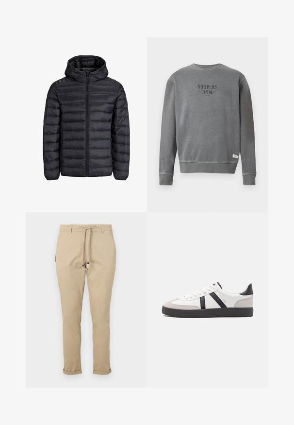 Zwarte pufferjack met capuchon, voorzien van een gestikte ontwerpen, vooraan met rits en elastische manchetten. Gemaakt van lichtgewicht, waterafstotend materiaal.; Grijze lange mouwen crewneck sweatshirt met "SURPLUS DNM" tekst in zwart gedrukt op de borst en een klein wit label nabij de zoom.; Beige joggpants met een tapered fit, featuring zijzakken en omgeslagen hems voor een gestroomlijnd ontwerp. Gemaakt van lichtgewicht stof.; Witte sneaker met zwarte en grijze accenten, voorzien van een grijze neus met textuur, zwarte rubberen zool en platte witte veters. Schoon ontwerp, minimalistische stijl.