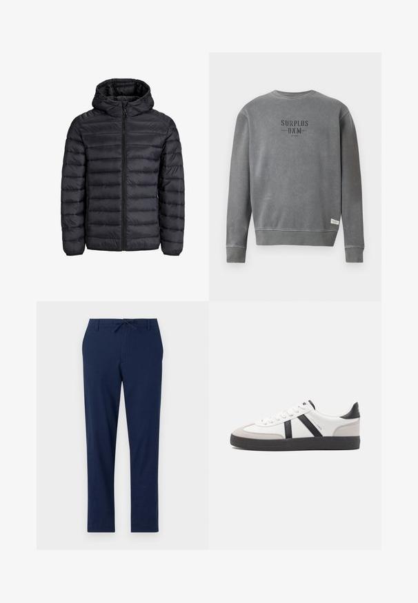Melnā pūkainā jakā ar kapuci, ar quilted dizainu, priekšējo rāvējslēdzēja aizdari un elastīgām aprocēm. Izgatavota no viegla, ūdensizturīga materiāla.; Pelēks ilgām piedurknēm kreklas ar apvalku, uz kura krūšu daļas melnā krāsā ir uzdrukāts teksts "SURPLUS DNM", un neliela balta birka netālu no hem.; Navy blue bikses, kas izgatavotas no viegla materiāla, ar saitēm viduklī un sašaurinātām uz kājām, ar prieks un aizmugurējām kabatām.; Baltas sneakeris ar melniem un pelēkiem akcentiem, kuram ir teksturēts pelēks purngals, melna gumijas zole un plakanas baltas šņores. Tīrs dizains, minimālisma stils.