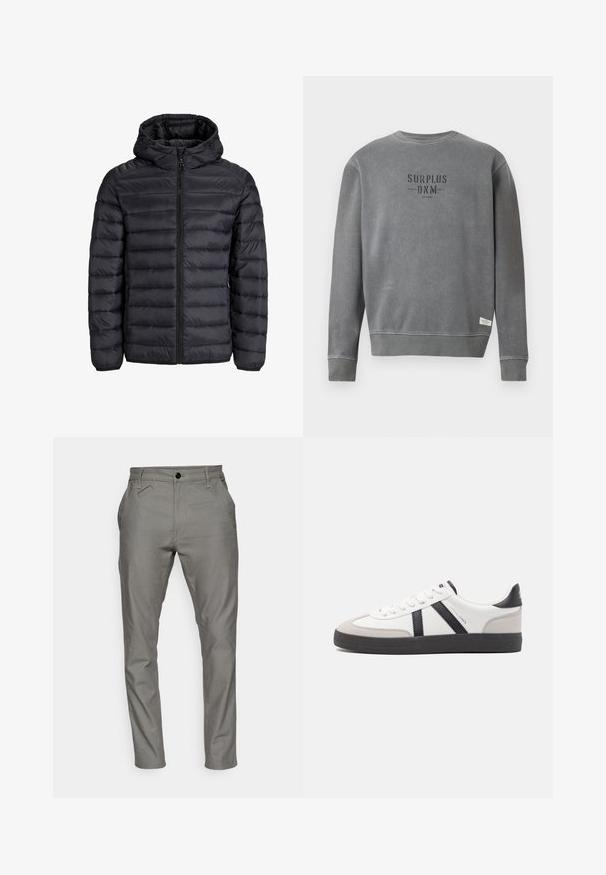 Musta puffatakki hupulla, jossa on tikattu muotoilu, etuvetoketju ja elastiset hihansuut. Valmistettu kevyestä, vedenpitävästä materiaalista.; Harmaa pitkähihaisuus crewneck-huppari, jossa rintapielessä mustalla printattuna "SURPLUS DNM" -teksti ja pieni valkoinen etiketti helman lähellä.; Harmaat housut, jotka on valmistettu sileästä kankaasta. Niissä on napitus, sivutaskut ja kapeutuva malli, johon on ommeltu yksityiskohtia.; Valkoiset lenkkarit mustilla ja harmailla yksityiskohdilla, joissa on teksturoitu harmaa kärki, musta kumipohja ja litteät valkoiset nauhat. Siisti muotoilu, minimalistinen tyyli.