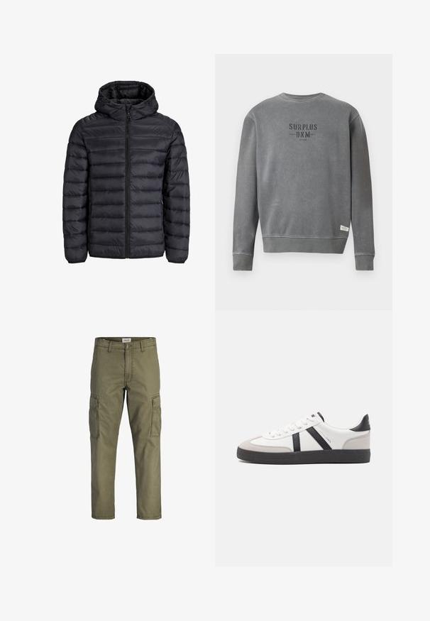 Black puffer jacket with a hood, featuring a quilted design, front zip closure, and elastic cuffs. Made of lightweight, water-resistant material.; Grey long-sleeve crewneck sweatshirt with "SURPLUS DNM" text printed in black on the chest and a small white label near the hem.; Olive green cargo pants made of cotton fabric, featuring side pockets, a straight cut, and a waistband with a button closure.; White sneaker with black and gray accents, featuring a textured gray toe cap, black rubber sole, and flat white laces. Clean design, minimalist style.