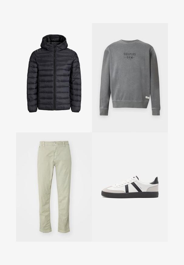 Chaqueta acolchada negra con capucha, presenta un diseño acolchado, cierre frontal con cremallera y puños elásticos. Fabricada con material ligero y resistente al agua.; Sudadera gris de manga larga con cuello redondo, con el texto "SURPLUS DNM" impreso en negro en el pecho y una pequeña etiqueta blanca cerca del dobladillo.; Pantalones de algodón verde claro con corte Slim Fit, que presentan un cierre de botón, diseño de cinco bolsillos y sutilezas en los detalles de costura.; Zapatilla blanca con acentos en negro y gris, que presenta una puntera texturizada en gris, suela de goma negra y cordones planos blancos. Diseño limpio, estilo minimalista.