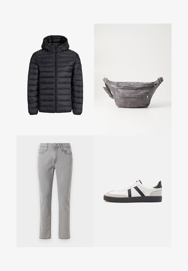 Giacca puffa nera con cappuccio, caratterizzata da un design trapuntato, chiusura frontale con zip e polsini elastici. Realizzata in materiale leggero e resistente all'acqua.; Maglione beige lavorato a maglia con maniche lunghe, polsini e orlo a coste, collo rotondo, motivo testurizzato, realizzato in materiale morbido.; Jeans in denim grigio con taglio dritto, design a cinque tasche, passanti per cintura e chiusura con bottone anteriore. Il tessuto presenta una texture liscia.; Sneaker bianco con accenti neri e grigi, dotata di una punta grigia testurizzata, suola in gomma nera e lacci bianchi piatti. Design pulito, stile minimalista.; Fanny pack in suede grigio con forma arrotondata, due scomparti con cerniera e tracolla regolabile. Presenta dettagli in metallo.