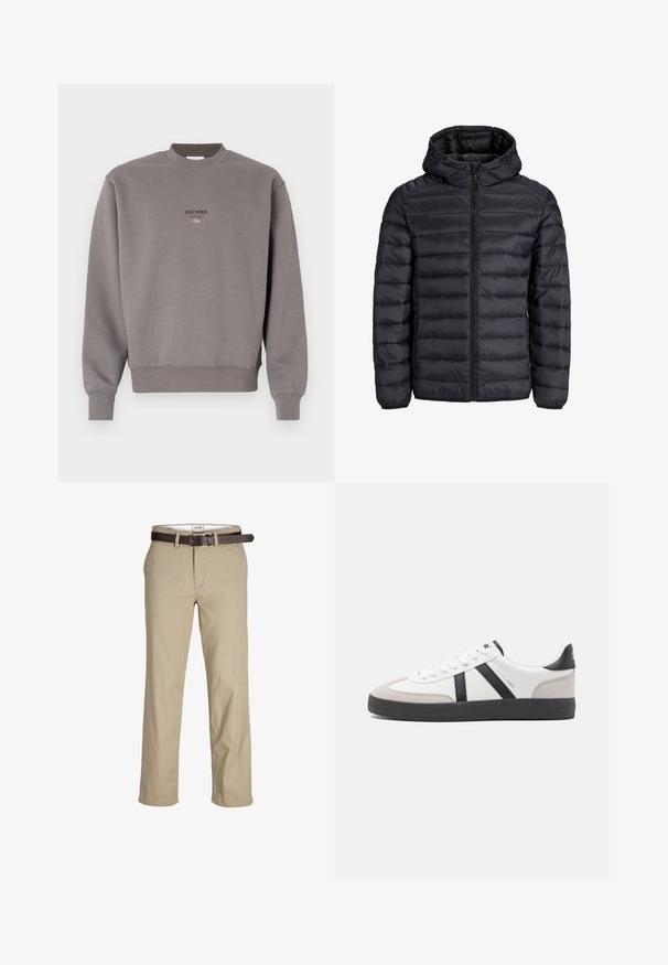 Jachetă puffer neagră cu glugă, cu un design matlasat, închidere cu fermoar în față și manșete elastice. Fabricată dintr-un material ușor și rezistent la apă.; Sweatshirt gri din bumbac, cu guler și manșete ribbate, având textul "ESS.WRD." imprimat închis în față.; Pantaloni din bumbac bej, cu croi drept, având brătuțe pentru curea, o curea din piele maro și un design clasic. Textură netedă și rezistentă.; Sneaker alb cu accente negre și gri, având un capac de vârf gri texturat, talpă din cauciuc negru și șireturi plate albe. Design elegant, stil minimalist.