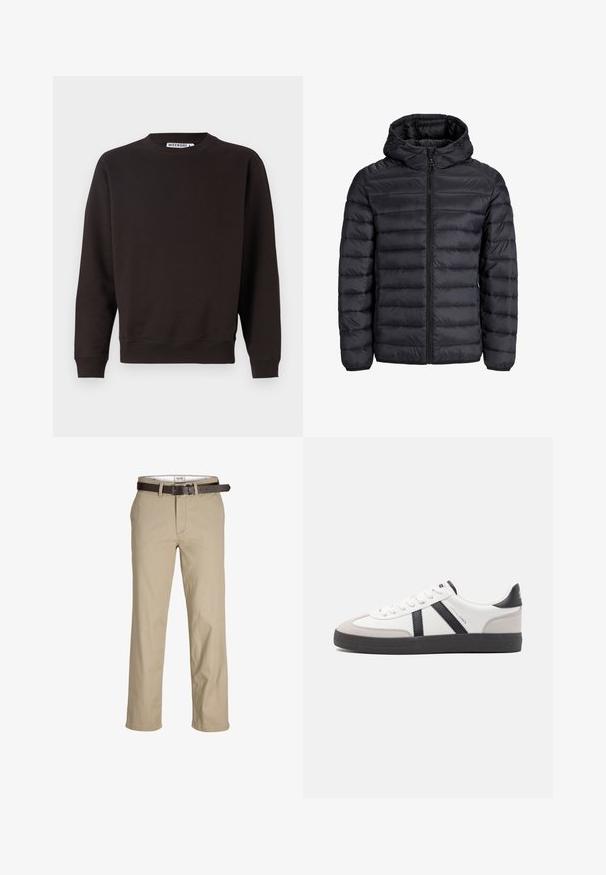 Musthave musta puffjakker, millel on kapuuts, tikandiga disain, esi tõmblukk ja elastsed mansetid. Valmistatud kerge ja veekindlast materjalist.; Tumepruun dressipluus, ringikaelusega, pika varrukaga, soonikkoes mansetid ja alumine serv, sile tekstuur, ilma nähtavate mustrite või graafikateta.; Beige puuvillased püksid otse lõikega, vööloopide, pruuni nahavöö ja klassikalise disainiga. Sile, vastupidav tekstuur.; Valged tossud mustade ja hallide aktsentidega, tekstureeritud halli varbakattega, musta kummitald ja lamedad valged paelad. Puhtad jooned, minimalistlik stiil.