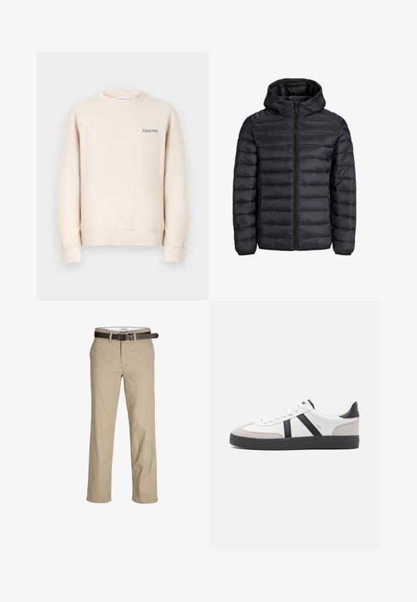 Giacca puffa nera con cappuccio, caratterizzata da un design trapuntato, chiusura frontale con zip e polsini elastici. Realizzata in materiale leggero e resistente all'acqua.; Felpa beige con collo rotondo, maniche lunghe, polsini a costine e "Club1990" ricamato sul davanti in un colore scuro.; Pantaloni in cotone beige con taglio dritto, dotati di passanti per cintura, una cintura in pelle marrone e un design classico. Texture liscia e resistente.; Sneaker bianco con accenti neri e grigi, dotata di una punta grigia testurizzata, suola in gomma nera e lacci bianchi piatti. Design pulito, stile minimalista.