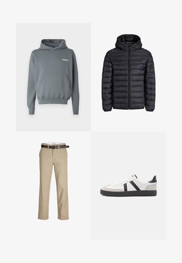 Doudoune noire avec capuche, dotée d'un design matelassé, d'une fermeture éclair sur le devant et de poignets élastiques. Fabriquée en matériau léger et résistant à l'eau.; Hoodie en polaire grise avec une poche avant, capuche à cordon, poignets côtelés et un petit logo blanc sur la poitrine gauche. Texture lisse.; Pantalons en cotonbeige à coupe droite, avec passants de ceinture, une ceinture en cuir marron et un design classique. Texture lisse et robuste.; Baskets blanches avec des accents noirs et gris, présentant un embout texturé gris, une semelle en caoutchouc noir et des lacets plats blancs. Design épuré, style minimaliste.