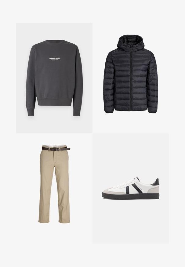 Zwarte pufferjack met capuchon, voorzien van een gestikte ontwerpen, vooraan met rits en elastische manchetten. Gemaakt van lichtgewicht, waterafstotend materiaal.; Donkergrijze sweatshirt met lange mouwen, ronde halslijn en geribde boorden. Bevat een kleine witte logo-tekst op de borst.; Beige katoenen broek met een rechte snit, voorzien van riemlussen, een bruine leren riem en een klassiek ontwerp. Soepele, stevige textuur.; Witte sneaker met zwarte en grijze accenten, voorzien van een grijze neus met textuur, zwarte rubberen zool en platte witte veters. Schoon ontwerp, minimalistische stijl.