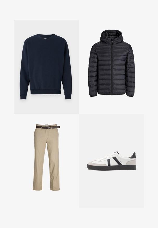Črna napihljiva jakna s kapuco, z odejmom, sprednjim zadrgo in elastičnimi manšetami. Narejena iz lahkega, vodoodpornega materiala.; Mornarsko modra bombažna majica s krojenim ovratnikom, dolgimi rokavi ter rebrastimi manšetami in robom. Gladka tekstura, minimalistična zasnova, brez vidnih logotipov.; Bežna bombažna hlače s ravnim krojem, z zankami za pas, rjavim usnjenim pasom in klasičnim dizajnom. Gladka, trdna tekstura.; Bela športna obutev z črnimi in sivo akcenti, z teksturirano sivo kapico za prste, črnim gumijastim podplatom in ravnimi belimi vezalkami. Čista zasnova, minimalistični slog.