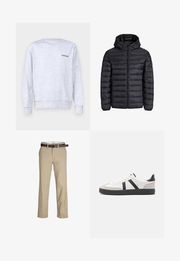 Black puffer jacket with a hood, featuring a quilted design, front zip closure, and elastic cuffs. Made of lightweight, water-resistant material.; Gray sweatshirt made of cotton blend, crew neck design, featuring a small black "Club1990" text on the left chest area.; Beige cotton trousers with a straight cut, featuring belt loops, a brown leather belt, and a classic design. Smooth, sturdy texture.; White sneaker with black and gray accents, featuring a textured gray toe cap, black rubber sole, and flat white laces. Clean design, minimalist style.