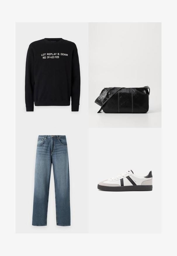 Fekete pufferek, kapucnival, steppelt mintával, elöl cipzárral és elasztikus mandzsettákkal. Könnyű, vízálló anyagból készült.; Fekete pulóver, kerek nyakkivágással, fehér szöveggel, ami a következőt írja: "LOT REPLAY B. DENIM RD 39 423 925" az elején. Szabványos szabás.; Egyenes szárú kék denim farmernadrág, kopott mosással, öt zsebes kivitelezéssel, fém gombbal és övhurkokkal. Közepes súlyú, strukturált anyag.; Fehér sneaker fekete és szürke részletekkel, textúrált szürke orr résszel, fekete gumitalppal és lapos fehér fűzőkkel. Tiszta dizájn, minimalista stílus.; Fekete bőr válltáska, cipzárral zárva, texturált felülettel, fehér varrással és ezüst fémgyűrűs pánttal.