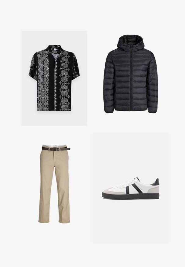 Czarna kurtka puchowa z kapturem, z pikowanym wzorem, z przednim zapięciem na zamek i elastycznymi mankietami. Wykonana z lekkiego, wodoodpornego materiału.; Koszula z krótkim rękawem zapinana na guziki, wykonana z czarnego materiału, z misternymi białymi kwiatowymi i dekoracyjnymi wzorami po obu stronach oraz z kołnierzykiem.; Beżowe bawełniane spodnie o prostym kroju, z paskami na pasek, brązowy skórzany pasek i klasyczny design. Gładka, mocna struktura.; Białe sneakersy z czarnymi i szarymi akcentami, z teksturowanym szarym czubkiem, czarną gumową podeszwą i płaskimi białymi sznurowadłami. Czysty design, minimalistyczny styl.