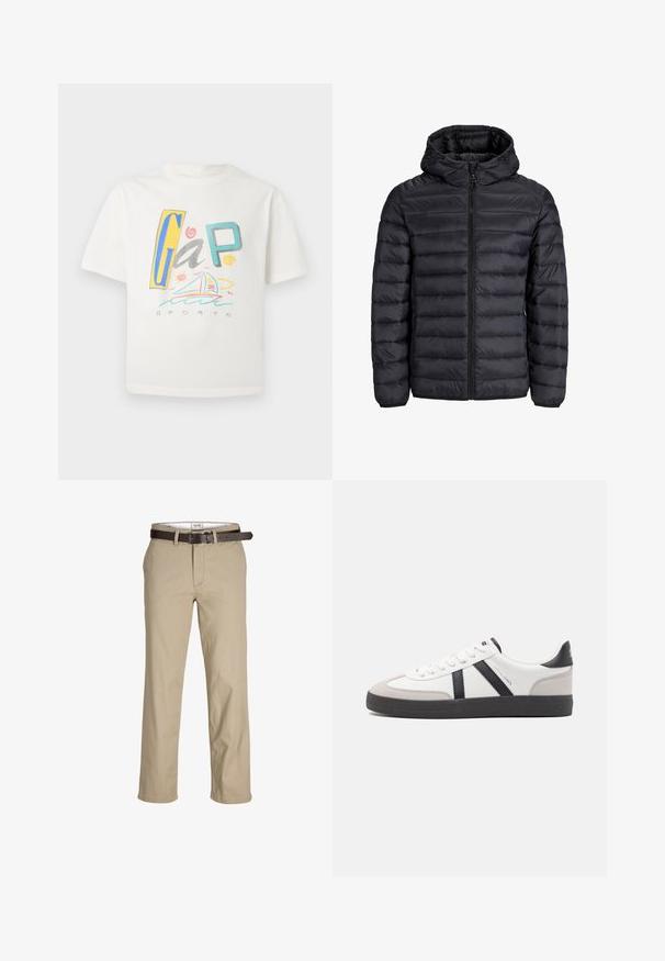 Melnā pūkainā jakā ar kapuci, ar quilted dizainu, priekšējo rāvējslēdzēja aizdari un elastīgām aprocēm. Izgatavota no viegla, ūdensizturīga materiāla.; Balts īsām piedurknēm T-krekls ar krāsainu "GAP" logo un jūrniecības ilustrāciju. Mīksta tekstūra ar brīvu piegriezumu.; Beige kokvilnas bikses ar taisnu griezumu, ar jostu cilpiņām, brūnu ādas jostu un klasisku dizainu. Gluda, izturīga tekstūra.; Baltas sneakeris ar melniem un pelēkiem akcentiem, kuram ir teksturēts pelēks purngals, melna gumijas zole un plakanas baltas šņores. Tīrs dizains, minimālisma stils.
