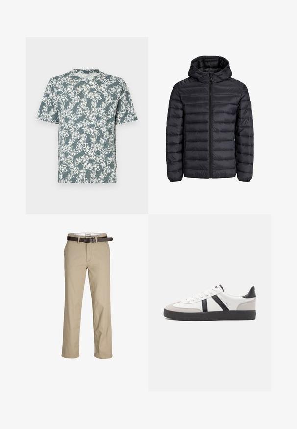 Jachetă puffer neagră cu glugă, cu un design matlasat, închidere cu fermoar în față și manșete elastice. Fabricată dintr-un material ușor și rezistent la apă.; Tricou cu mânecă scurtă de culoare teal, cu un model floral alb. Fabricat dintr-un material ușor, cu o croială confortabilă.; Pantaloni din bumbac bej, cu croi drept, având brătuțe pentru curea, o curea din piele maro și un design clasic. Textură netedă și rezistentă.; Sneaker alb cu accente negre și gri, având un capac de vârf gri texturat, talpă din cauciuc negru și șireturi plate albe. Design elegant, stil minimalist.