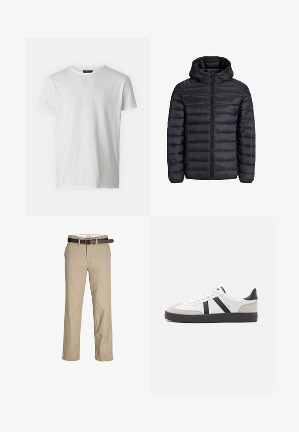 Giacca puffa nera con cappuccio, caratterizzata da un design trapuntato, chiusura frontale con zip e polsini elastici. Realizzata in materiale leggero e resistente all'acqua.; T-shirt bianco a maniche corte con collo rotondo realizzato in cotone con una texture liscia. Presenta un'etichetta sul colletto. Design semplice e senza fronzoli.; Pantaloni in cotone beige con taglio dritto, dotati di passanti per cintura, una cintura in pelle marrone e un design classico. Texture liscia e resistente.; Sneaker bianco con accenti neri e grigi, dotata di una punta grigia testurizzata, suola in gomma nera e lacci bianchi piatti. Design pulito, stile minimalista.