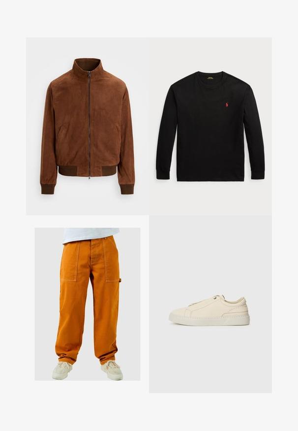 Ruda suedinė striukė su stovinčiu apykakle, priekiniu užtrauktuku ir raibais rankogaliais, turinti lygų paviršių ir minimalistišką dizainą.; Juodas ilgomis rankovėmis t-shirt, pagamintas iš medvilnės. Turi apvalų kaklą, suglebusius rankogalius ir mažą raudoną siuvinėtą logotipą ant krūtinės. Lygi tekstūra.; Oranžinės laisvos cargo kelnės, turinčios kelias kišenes ir kontrastingus siūlus. Dėvimos su baltomis sportinėmis bateliais.; Kreminio odos sportbačiai su apvaliu nosiu, minimalistiniu dizainu, subtiliomis siuvimo detalėmis ir tekstūrine viršutine dalimi, ant šviesios pado.