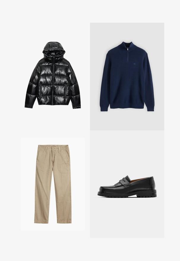 Črn puhasti jopič z sijajem. Ima kapuco, zadrgo in dve stranski žepu. Pikučast vzorec dodaja teksturo in izolacijo.; Temno modra pulover z visokim ovratnikom in polovičnim zadrgo. Rebrasta tekstura, dolgi rokavi in majhen logotip na prsih. Mehki pleteni material.; Bežne bež hlače ravnega kroja z zanko za pas, sprednjim gumbom in zadrgo ter bočnimi žepki.; Črne usnjene loafersice imajo dvignjen šiv, dve dekorativni trakovi na zgornjem delu in debel strukturiran podplat za boljši oprijem.