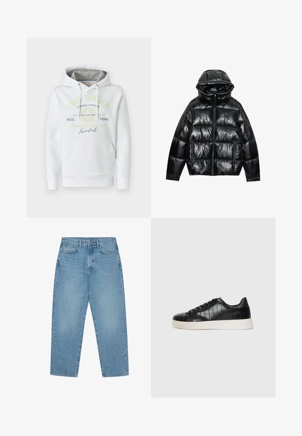 Casaco puffer preto com um acabamento brilhante. Apresenta capuz, fecho com zíper e dois bolsos laterais. O design acolchoado adiciona textura e isolamento.; Hoodie branco feito de tecido suave com um bolso frontal, apresentando um capuz forrado em cinza e um logótipo da marca impresso em verde e preto.; Jeans de ganga de perna larga em azul-claro com cintura alta, apresentando cinco bolsos, passadores para cinto e uma textura suave, ligeiramente desbotada.; Tênis pretos com cabedal em couro texturizado com relevo de crocodilo, bico arredondado e sola de borracha branca em contraste, com acabamento suave.