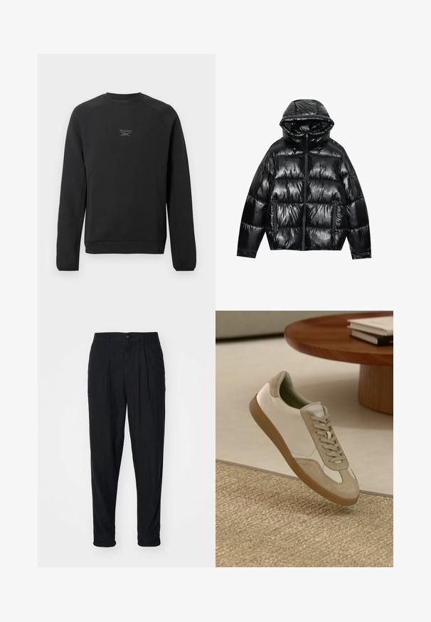 Čierna prešívaná bunda s lesklým povrchom. Obsahuje kapucňu, zips a dve bočné vrecká. Prešívaný dizajn pridáva textúru a izoláciu.; Čierna mikina s okrúhlym výstrihom značky Reebok s dlhými rukávmi a malým reflexným logom umiestneným na strede hrude, na čistom bielom pozadí.; Čierne ľanové nohavice s uvoľneným strihom, s gombíkovým zapínaním, skladmi a obrnutejšími lemami. Hladká textúra a minimalistický dizajn.; Ľahké tenisky s bielou koženou vrchnou časťou a béžovými semišovými akcentmi, okrúhlou špičkou a textúrovanou hnedou gumovou podrážkou.