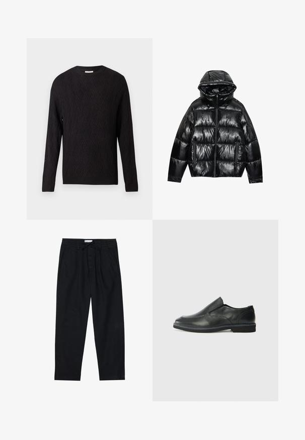 Giacca puffer nera con finitura lucida. Caratterizzata da cappuccio, chiusura con zip e due tasche laterali. Il design trapuntato aggiunge texture e isolamento.; Maglione nero a maniche lunghe con motivo a zig zag e polsini e orlo a costine, con scollatura a girocollo, esposto su uno sfondo bianco semplice.; Pier One Chino - black; Scarpa nera in pelle con inserto scivolare, superiore liscio, dettagli cuciti, punta arrotondata e tacco in gomma basso. La suola presenta un battistrada minimale.