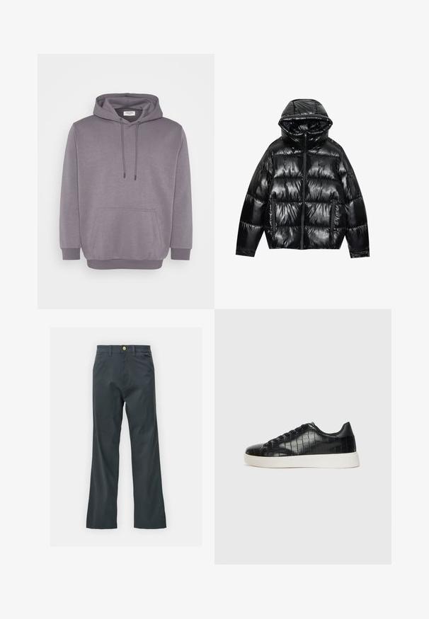 Jachetă puffer neagră cu un finisaj lucios. Dispune de glugă, închidere prin fermoar și două buzunare laterale. Designul matlasat adaugă textură și izolație.; Hanorac gri cu glugă reglabilă, buzunar frontal, manșete și tiv ribbate. Fabricat dintr-un amestec moale de bumbac, cu o textură netedă.; Pantaloni negri cu croi drept, confecționați dintr-un material din bumbac. Dispun de un închidere cu nasture metalic și buzunare laterale. Fără modele vizibile.; Tenisi negri cu un exterior din piele texturată imitată crocodil, vârf rotund și o talpă din cauciuc alb contrastant, cu un finisaj neted.