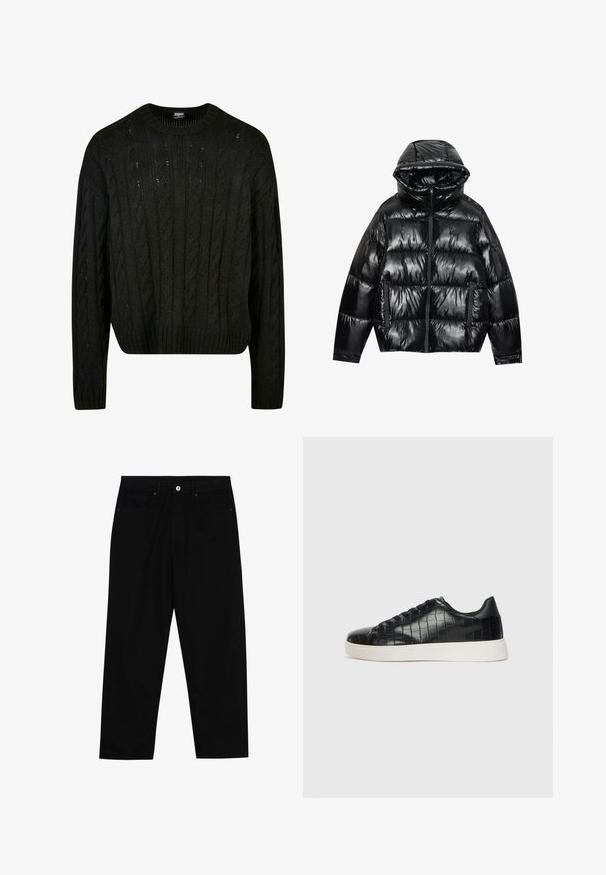 Svart pufferjacka med en glänsande yta. Har huva, dragkedja och två sidofickor. Det kviltade mönstret ger textur och isolering.; Svart stickad tröja med kabelstickade mönster, rundad halsringning, sänkta axlar och ribbad nederkant. Mid-crop-design med en strukturerad yta.; Svarta denimbyxor med rak passform, femficksdesign och framknäppning. Slät textur med minimala sömdetaljer.; Svarta sneakers med en texturerad läderöverdels i krokodilprägling, rund tå och en kontrasterande vit gummisula med en slät yta.