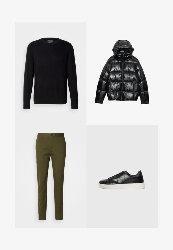 Black puffer jacket with a glossy finish. Features a hood, zip closure, and two side pockets. Quilted design adds texture and insulation.; Black knit sweater with a round neckline, long sleeves, and ribbed cuffs. Features a subtle logo on the chest. Soft fabric texture.; Olive green trousers made of smooth cotton, featuring a button closure, slim fit design, and minimal stitching details on the waistband.; Black sneakers featuring a textured croc-embossed leather upper, rounded toe, and a contrasting white rubber sole with a smooth finish.