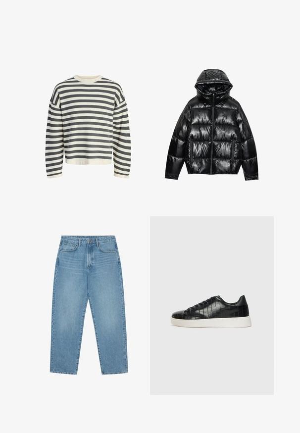 Giacca puffer nera con finitura lucida. Caratterizzata da cappuccio, chiusura con zip e due tasche laterali. Il design trapuntato aggiunge texture e isolamento.; Maglione a righe in crema e grigio scuro, con scollatura rotonda a coste, maniche lunghe e vestibilità rilassata con orlo corto.; Jeans a gamba larga in denim azzurro chiaro con vita alta, dotati di cinque tasche, passanti per cintura e una consistenza morbida e leggermente sbiadita.; Sneaker nere con una toma superiore in pelle con effetto croc embossato, punta rotonda e suola in gomma bianca a contrasto con una finitura liscia.