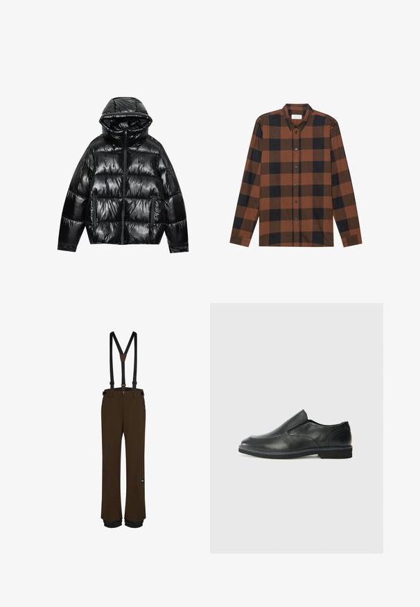 Chaqueta de plumas negra con acabado brillante. Cuenta con capucha, cierre de cremallera y dos bolsillos laterales. Su diseño acolchado añade textura y aislamiento.; Camisa de manga larga a cuadros marrones y negros, hecha de tela, con un cuello abotonado y tapeta con botones; presenta mangas con puños.; Pantalones de snowboard marrones con tirantes negros ajustables, bolsillos con cremallera, dobladillos reforzados y un parche de logo en el muslo.; Zapato negro de cuero sin cordones con un upper suave, detalles de costura, punta redonda y un bajo tacón de goma. La suela presenta una tracción mínima.