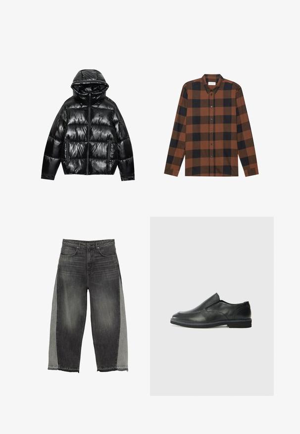 Crna puffer jakna s sjajnom završnom obradom. Ima kapuljaču, zatvaranje na patentni zatvarač i dva bočna džepa. Kvalitetni ušiveni dizajn dodaje teksturu i izolaciju.; Smeđi i crni karirani košulja dugih rukava izrađena od tkanine s ovratnikom na gumbe i zakopčavanjem na gumbe; ima rukave s manžetama.; Široke traperice u tamnosivoj denim tkanini s kontrastnim svijetlosivim bočnim panelima. Detalji sirovog ruba poboljšavaju jedinstveni dizajn. Stil s pet džepova.; Crne kožne cipele na sklapanje s glatkom gornjom površinom, prošivenim detaljima, zaobljenim vrhom i niskim gumene potplate. Potplat ima minimalne uzorke.