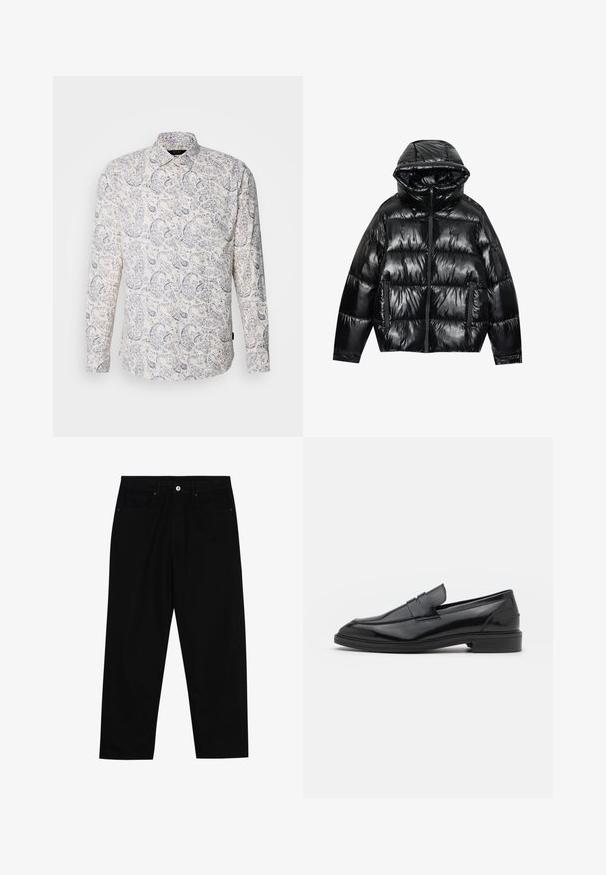 Chaqueta de plumas negra con acabado brillante. Cuenta con capucha, cierre de cremallera y dos bolsillos laterales. Su diseño acolchado añade textura y aislamiento.; Camisa blanca de manga larga con un patrón de paisley azul. La camisa tiene un cierre de botones en el frente y un cuello clásico. Textura de tejido suave.; Pantalones de mezclilla negra con corte recto, diseño de cinco bolsillos y cierre frontal con botón. Textura suave con detalles de costura mínimos.; Mocasines de cuero negro con un acabado suave, que presentan una punta redondeada y una banda estrecha en la parte superior. Tacón bajo apilado.