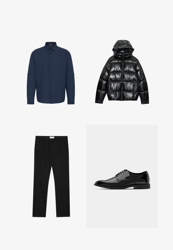 Black puffer jacket with a glossy finish. Features a hood, zip closure, and two side pockets. Quilted design adds texture and insulation.; Navy blue long-sleeve shirt with a button-down collar, front buttons, and roll-up sleeve tabs. Made of a textured fabric.; Black straight-leg jeans with five-pocket design, button and zip fly closure, and a Pier One brand label on the waistband.; Black patent leather dress shoe with a rounded toe, lace-up design, and smooth, shiny surface. Features a low-profile rubber sole.
