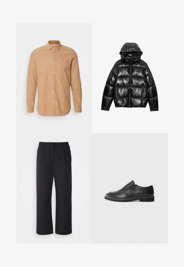 Černá péřová bunda s lesklým povrchem. Obsahuje kapuci, zipový uzávěr a dvě boční kapsy. Prošívaný design dodává texturu a izolaci.; Světlé hnědé manšestrové košile s límcem na knoflíky, dlouhými rukávy, předním zapínáním na knoflíky a oranžovou vyšitou logem na hrudi.; Široké kalhoty z texturované černé látky s elastickým pasem na stažení, s dvěma předními kapsami a rovně střiženým designem.; Černá kožená nazouvací bota s hladkým svrškem, prošívanými detaily, zaoblenou špičkou a nízkým gumovým podpatkem. Podešev má minimální vzorek.