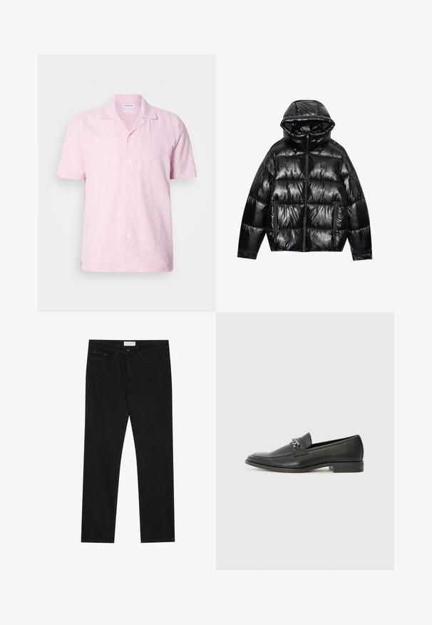 Musta puhvitakki kiiltävällä pinnalla. Varusteena huppu, vetoketjusulku ja kaksi sivutaskua. Kuitutettu muotoilu lisää tekstuuria ja eristystä.; Vaaleanpunainen pellavapaita lyhyillä hihoilla, jossa on lovettu kaulus, kuusi nappia edessä ja sivuhalkiot mukavuutta varten. Kankaassa on hieman teksturoitu pinta.; Mustat suorat farkut, joissa on viisi taskua, napilla ja vetoketjulla varustettu sulkeminen, sekä Pier One -brändilogo vyötärölle.; Musta nahkakengät, joissa on sileä pinta, koristeelliset ompeleet ja metalliketjun yksityiskohta kengän päällä. Littee korko.