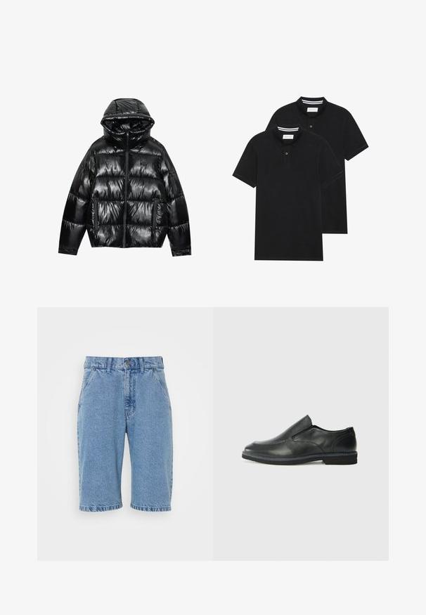 Črn puhasti jopič z sijajem. Ima kapuco, zadrgo in dve stranski žepu. Pikučast vzorec dodaja teksturo in izolacijo.; Dve črne polo majice, kratke rokave, iz bombažnega materiala, z klasik ovratnikom, dvobodno zaponko in belimi črtkami znotraj ovratnika.; Denim kratke hlače v svetlo modri barvi, z klasičnim pet-pocket dizajnom, z gumbnico in zadrgo, surovim robom in izbledelim teksturami.; Črne usnjene natikače z gladkim zgornjim delom, prišitimi detajli, zaobljenim nosom in nizkim gumijastim petkom. Podplat ima minimalen profil.