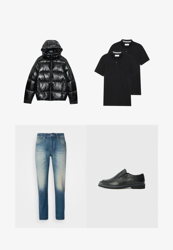 Schwarze Daunenjacke mit glänzender Oberfläche. Verfügt über eine Kapuze, einen Reißverschluss und zwei seitliche Taschen. Das gesteppte Design sorgt für Struktur und Isolierung.; Zwei schwarze Polohemden, kurzärmlig, aus Baumwolle, mit einem klassischen Kragen, zwei Knöpfen und weißen Streifenakzenten im Inneren des Kragens.; Helle blaue Jeans aus Denim mit einem ausgewaschenen Finish, fünf Taschen, Knopfverschluss, gerades Bein-Design und Kontrastnähte.; Schwarze Leder-Slipper mit glattem Obermaterial, gesteppten Akzenten, runder Zehenpartie und niedrigem Gummiabsatz. Die Sohle hat ein minimales Profil.