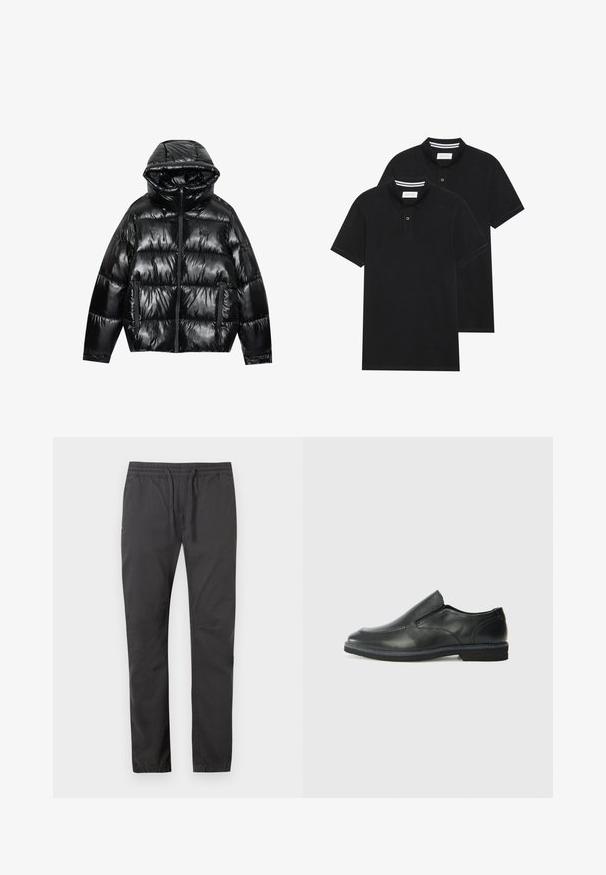 Doudoune noire à finition brillante. Elle comprend une capuche, une fermeture éclair et deux poches latérales. Le design matelassé ajoute de la texture et de l'isolation.; Deux polos noirs, à manches courtes, en coton, avec un col classique, une patte de boutonnage à deux boutons, et des accents rayés blancs à l'intérieur du col.; Pantalons noirs légers avec une taille élastique et un cordon de serrage. Présentent des jambes fuselées et des poches latérales pour plus de praticité.; Chaussure slip-on en cuir noir avec une tige lisse, des accents cousus, un bout arrondi et un petit talon en caoutchouc. La semelle présente un profil de traction minimal.