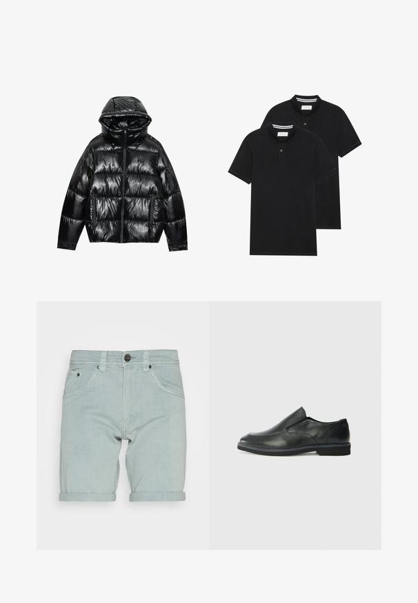 Svart boblejakke med glanset overflate. Har hette, glidelås og to sidelommer. Kviltet design gir tekstur og isolasjon.; To svarte polo skjorter, kortermet, i bomullsmateriale, med krage i klassisk stil, to-knapps knappestolpe, og hvite striper inni kragen.; Lyseblå denimshorts med rullet kant, med forkantlommer og en svart knappelukking i livet. Jevn tekstur.; Sorte skinn slip-on sko med en jevn overflate, stikking detaljer, rund tå og en lav gummihæl. Sålen har minimal mønstring.