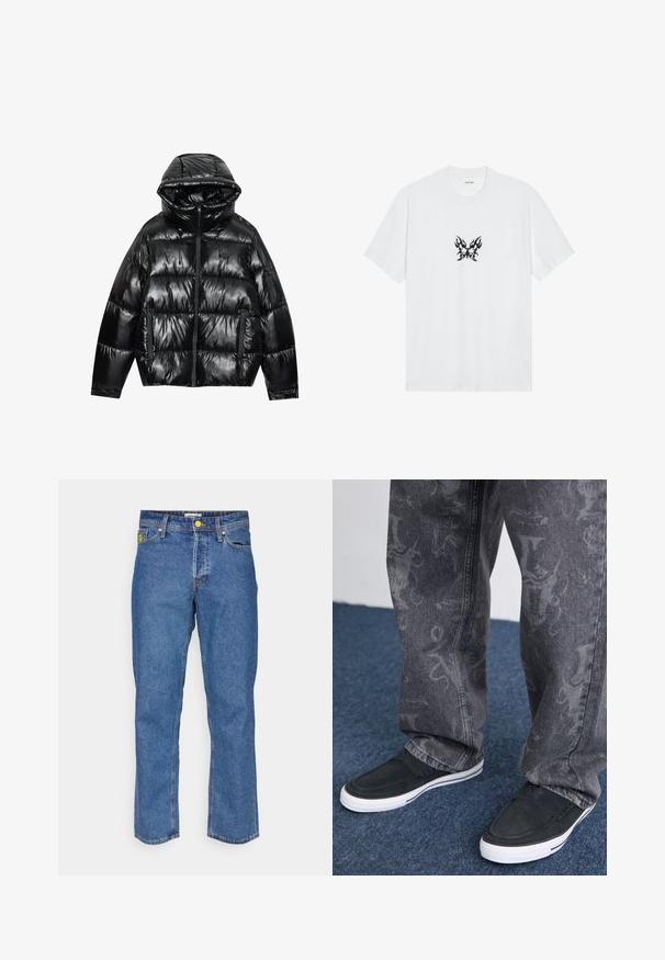 Fekete puffernadrág fényes kivitelben. Kapucnival, cipzáras záródással és két oldalsó zsebbel rendelkezik. A steppelt kialakítás textúrát és szigetelést ad.; Fehér pamut póló rövid ujjakkal és kerek nyakkivágással. Középen fekete lángmintás lepke grafika található. Sima textúra.; Kék farmer nadrág egyenes szárú kialakítással, sárga fém kiegészítőkkel, öt zsebbel és diszkrét varrási részletekkel.; Fekete slip-on cipők fehér talppal, textúrált kivitelben, szürke farmernadrággal, amelyen diszkrét mintázat látható, kék szőnyeg háttérrel.