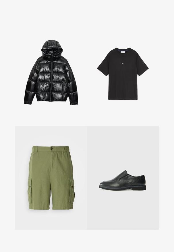 Doudoune noire à finition brillante. Elle comprend une capuche, une fermeture éclair et deux poches latérales. Le design matelassé ajoute de la texture et de l'isolation.; T-shirt en coton noir avec un col rond et des manches courtes. Présente un petit logo blanc sur le devant. Design simple, coupe décontractée.; Shorts cargo verts à coupe décontractée, fabriqués en tissu léger. Comprend des poches latérales et un fermeture à bouton à l'avant.; Chaussure slip-on en cuir noir avec une tige lisse, des accents cousus, un bout arrondi et un petit talon en caoutchouc. La semelle présente un profil de traction minimal.