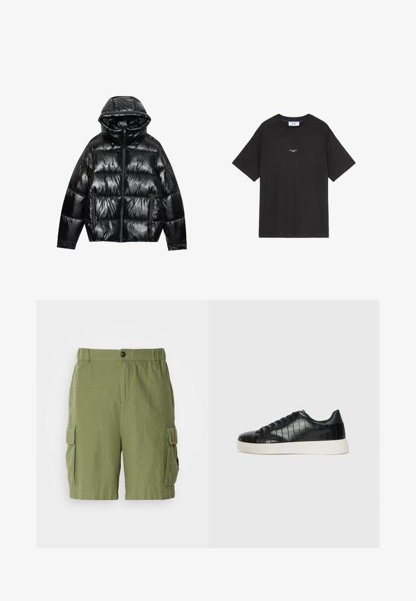 Sort puffjakke med en blank overflade. Har hætte, lynlås lukning og to sidelommer. Kviltet design tilføjer tekstur og isolering.; Sort bomulds t-shirt med rund hals og korte ærmer. Har en lille hvid logodetalje på fronten. Simpel design, afslappet pasform.; Grønne cargo shorts med en afslappet pasform, lavet af letvægtsstof. Har sidelommer og en frontknaplukning.; Sorte sneakers med en struktureret krokodillepræget læderoverdel, rund tå og en kontrasterende hvid gummisål med en glat finish.