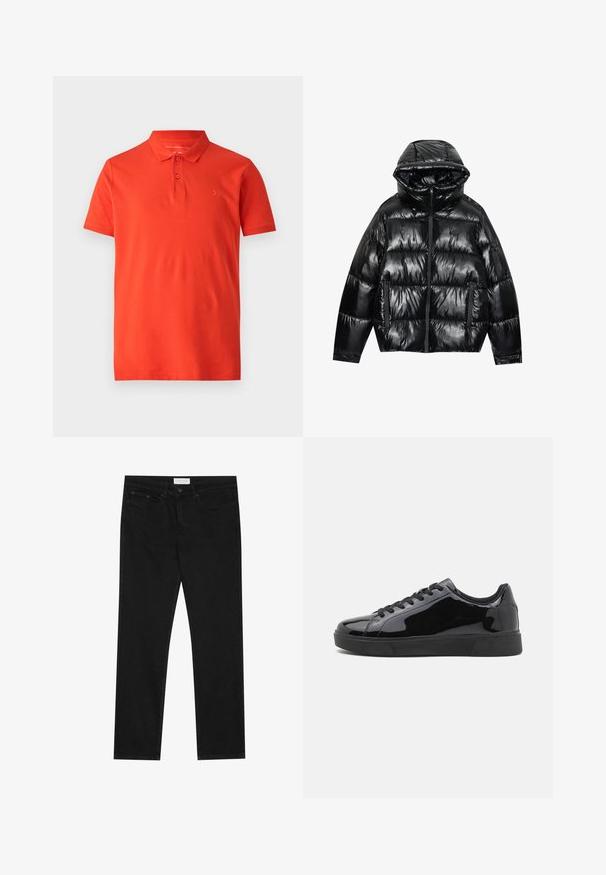 Črn puhasti jopič z sijajem. Ima kapuco, zadrgo in dve stranski žepu. Pikučast vzorec dodaja teksturo in izolacijo.; Rdeča polo majica iz gladkega bombaža, z značilnim ovratnikom, kratkimi rokavi in tremi gumbi na vratu. Preprost izvezen logotip na prsih.; Črne ravne jeans hlače s petimi žepi, z gumbom in zadrgo za zapiranje ter oznako blagovne znamke Pier One na pasu.; Črne patentne usnjene športne copate z okroglo konico, ravnim gumijastim podplatom in črnimi vezalkami. Gladka, sijoča tekstura na zgornji površini.