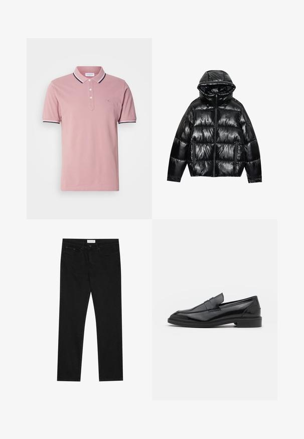 Μαύρο μπουφάν τύπου puffer με γυαλιστερή υφή. Διαθέτει κουκούλα, φερμουάρ κλεισίματος και δύο πλευρικές τσέπες. Το ανάγλυφο σχέδιο προσφέρει υφή και μόνωση.; Ροζ πόλο μπλούza με δύο κουμπιά, ριμπ χιτώνιο με ναυτικές και λευκές ρίγες και ένα διακριτικό λογότυπο κεντημένο στο στήθος.; Μαύρα τζιν ίσιας γραμμής με πέντε τσέπες, κλείσιμο με κουμπί και φερμουάρ, και ετικέτα μάρκας Pier One στη μέση.; Μαύρες δερμάτινες loafers με λείο φινίρισμα, με στρογγυλή μύτη και στενό λουρί στην επάνω πλευρά. Χαμηλό σωρευμένο τακούνι.